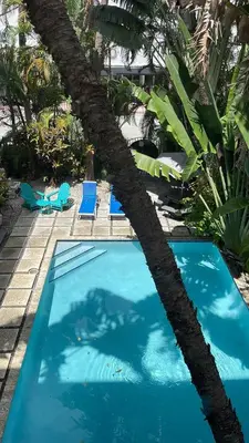 a blue swimming pool with two blue chairs and a palm tree at TROPICAL HAVEN POOL & 2BLOCKS TO BEACh in Miami Beach
