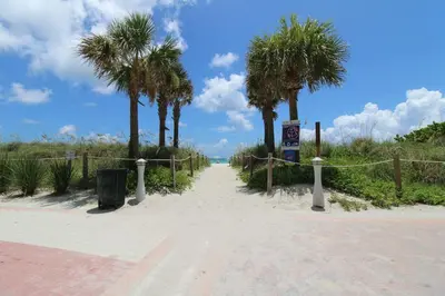 a dirt road with palm trees and a fence at Castle 732 Ocean View with pool, tennis, beach access, FREE parking in Miami Beach