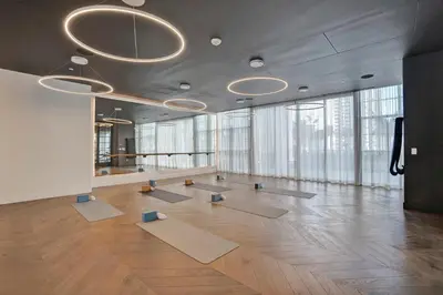 a large room with yoga mats on the floor at New 2-Bdrm Downtown Miami Apartment with Bay Vista in Miami