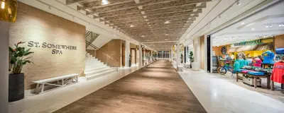 a hallway of a store with wooden floors and ceilings at Margaritaville Hollywood Beach Resort in Hollywood