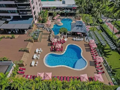 an aerial view of a resort with two swimming pools at 2 Bedroom Condo with Resort Amenities, Pool and Gym 618 in Miami Beach