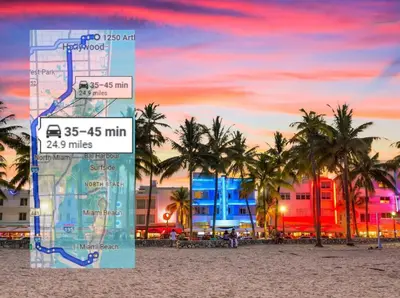 a sign on a beach with palm trees and a building at Tropical 3BR Escape with Pool, 7 Min Drive to Beach in Hollywood