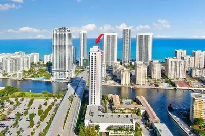 an aerial view of a city with the ocean at Amazing Studio at Beachwalk on 15th Pool Gym Beach in Hallandale Beach