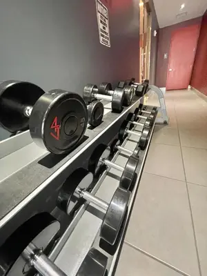 a row of dumbbells lined up in a gym at Amazing Studio in Beachwalk with Pool and Beach in Hallandale Beach