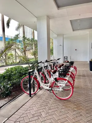 a row of bikes parked in a building at 1 Bedroom w Kitchen on Beachwalk Beach &Pool &Gym in Hallandale Beach