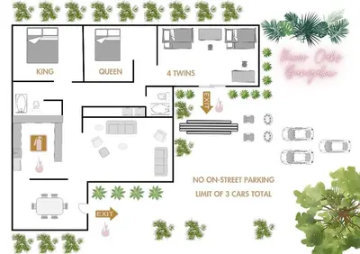 a floor plan of a small house with palm trees at -Disco Bungalow- One third mile to FTL Marine Center in Fort Lauderdale