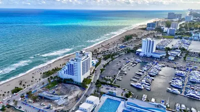 an aerial view of a beach and the ocean at Banyan St. Studio off Las Olas- Steps to the Beach in Fort Lauderdale