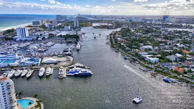 an aerial view of a harbor with boats in the water at Banyan St. Studio off Las Olas- Steps to the Beach in Fort Lauderdale