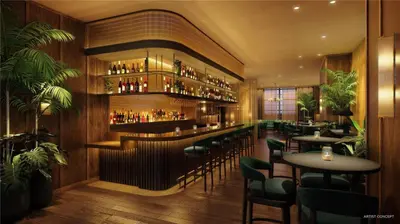 a bar with tables and chairs in a restaurant at Stylish Studio - Amazing Amenities & Pool in Miami