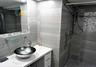 a bathroom with a black sink and a shower at Alexander 518 in Miami Beach