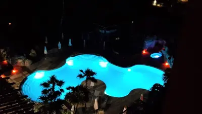a large swimming pool at night with palm trees at Alexander 604 in Miami Beach