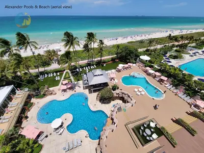 an aerial view of a beach resort with two pools at Alexander 718 in Miami Beach