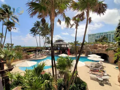 a pool at a resort with palm trees and chairs at Alexander 901 in Miami Beach