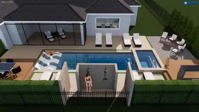 a model of a house with a woman standing in front of a pool at Double Rainbow Suites 24th in Fort Lauderdale