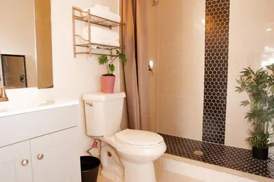 a bathroom with a toilet and a shower with potted plants at Boho Oasis 2 in Homestead