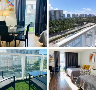 a collage of four pictures of a hotel room at Departamento sobre la Playa con vista a la Collins Ave in Sunny Isles Beach