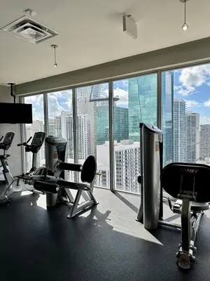 a gym with a view of a city skyline at Elevated Elegance Luxe View Pool Free Parking in Miami