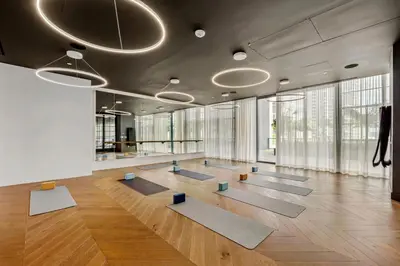 a yoga room with mats on the floor at Luxury Studio with Stunning City Views in Miami