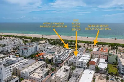an aerial view of a city and the beach at One block from beach South Beach Ocean Dr-King Bed in Miami Beach
