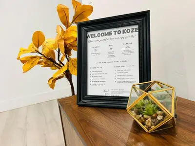 a picture of a welcome to tico on a table with a plant at Koze 2 Bedroom Duplex Home with King & Queen Beds, Near Everything Trendy in Miami