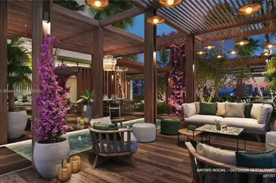 a rendering of a patio with furniture and flowers at 2 bedroom Stylish Condo Downtown Pool Gym spa in Miami