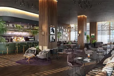 a rendering of a hotel lobby with a bar at 2 bedroom Stylish Condo Downtown Pool Gym spa in Miami