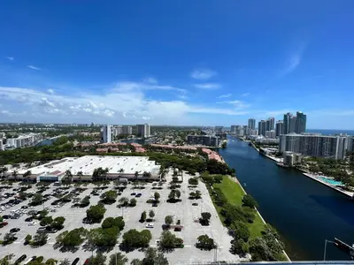 an aerial view of a city with a river at Beautiful Studio in Hallandale with Beach & Pool in Hallandale Beach