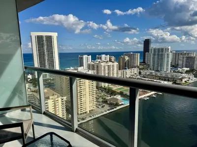 a view of the city from the balcony of a condo at Getaway in Miami 2B 2B beachfront near Aventura 3003 in Hallandale Beach
