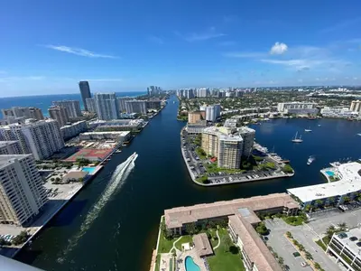 an aerial view of a river in a city at Miami Beach Cozy 1B with Pool and Beach Service 1506 in Hallandale Beach