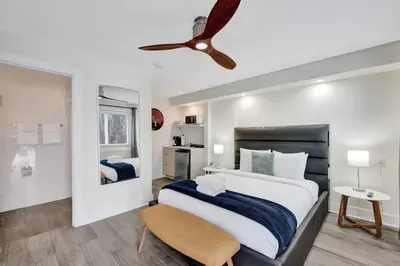 a bedroom with a large bed and a ceiling fan at NEW Studio at Eden Collection Steps to Beach 1106 in Fort Lauderdale