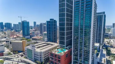 an overhead view of a city with tall buildings at Extraordinary Studio in Downtown Miami with incredible views in Miami