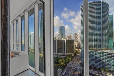 a room with a view of a city skyline at icon Brickell 2 bed 2bath at W residence in Miami