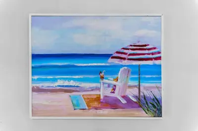 a painting of a cat sitting in a chair under an umbrella at Celeste House Enjoy Caribbean 2BR APT in Miami