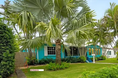 a palm tree in front of a blue house at Ocean Breeze Home in Hollywood