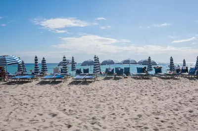 a group of chairs and umbrellas on a beach at Comfy Apt 2 Queen Beds with Pool & Beach in Hallandale Beach