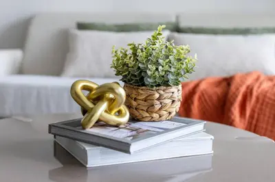 a table with a plant and a vase on top of books at 2704 Beautiful Downtown Apt with Gym Pool Spa Skyline Views and in front of Kaseya Center in Miami
