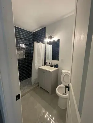 a bathroom with a toilet and a sink and a shower at USA Star Hostel in Hallandale Beach