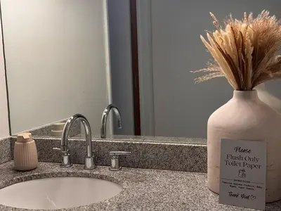a bathroom counter with a sink and a vase with dry grass at Santamaria Fort Lauderdale Airport in Fort Lauderdale
