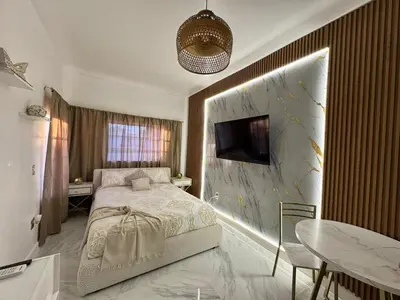 a bedroom with a bed and a tv on a wall at Stylish Studio in Heart of Miami in Miami