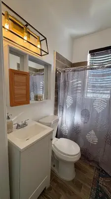 a bathroom with a toilet sink and a shower curtain at Noemi's Studio Suite Steps To Marlins Stadium At Little Havana in Miami