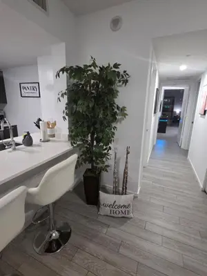 a kitchen with a table and a potted plant at Miami-Brickell Luxury 2BR-2BATH with skyline VIEWS - walking distance to KASEYA-HEAT ARENA & BAYSIDE - Port of MIAMI cruise ships in Miami