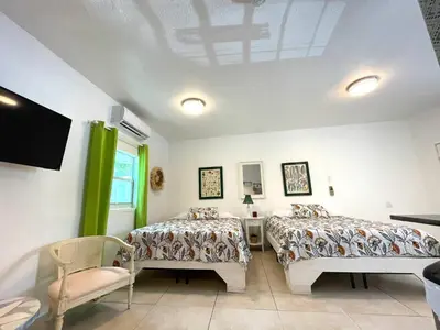 a bedroom with two beds and a television in it at Unique Studio in Little Havana Reserved Parking in Miami