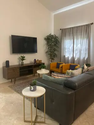 a living room with a black couch and a tv at Palace at the Gables in Miami