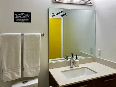 a bathroom with a sink and a large mirror at The Art House Little Havana in Miami