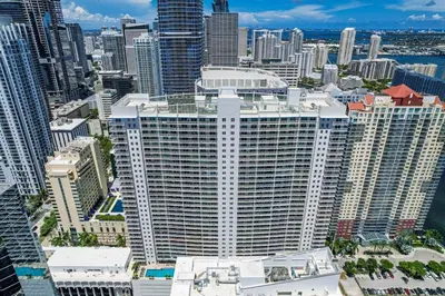 an aerial view of a large building in a city at City-View Retreat in Brickell 2BR and Free Parking in Miami