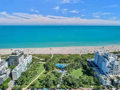 an aerial view of the beach and buildings at Pool and Jacuzzi. Walk to beach, South Point Pier in Miami Beach