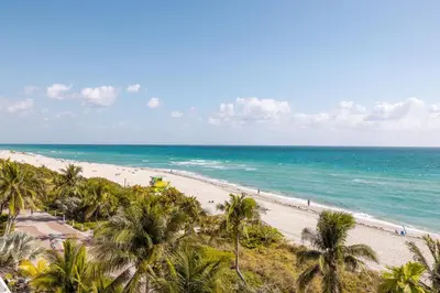a view of a beach with palm trees and the ocean at Shine Suites Balcony Duplex 11 in Miami Beach