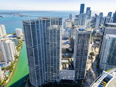 an aerial view of a city with tall buildings at Icon Brickell Retreat 1BR and Spa, Pool, Views in Miami