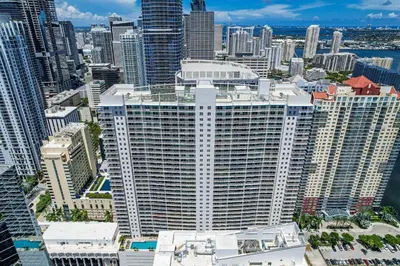 an aerial view of a large building in a city at Skyline and Bay Glimpse 1BR Brickell Retreat in Miami