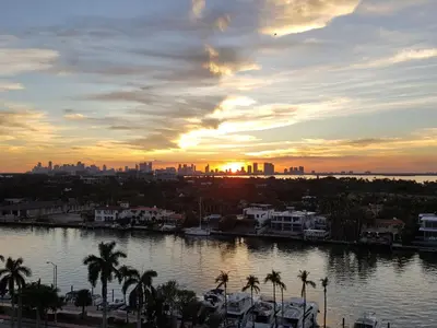 a sunset over a river with palm trees and a city at Alexander14192 in Miami Beach